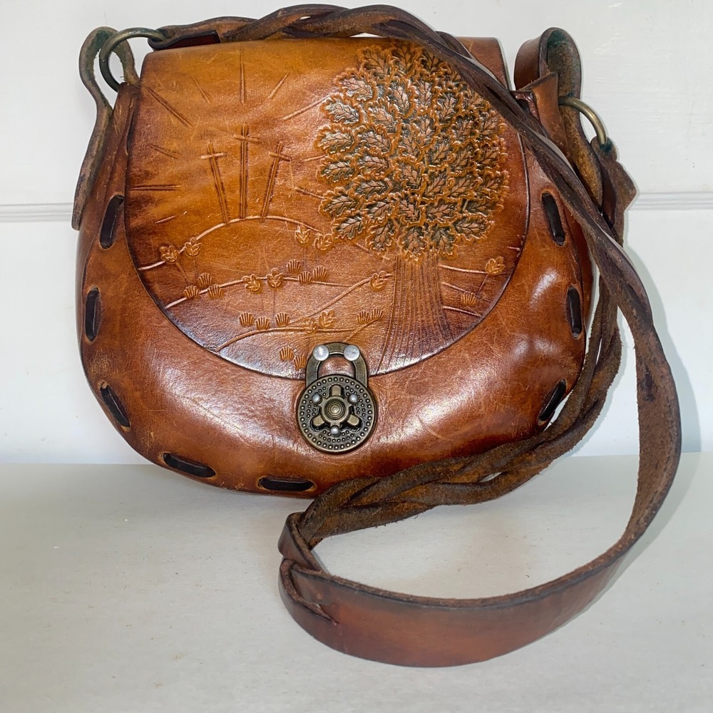 Genuine Etched Boho Saddle Braided Leather‎ Shoulder Handcrafted 3 Cross Handbag